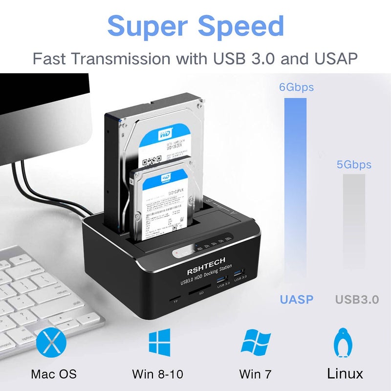 Rshtech Hard Drive Docking Station RSHTECH USB 3.0 Aluminum Dual Bay Hard Drive Dock for 2.5" & 3.5" SATA HDD SSD with SD/Micro SD Card Reader and Offline Clone/Duplicator Function Support 16TB Tool-Free - Image 3